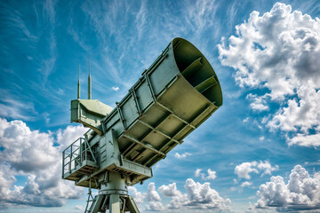 Modern air defence radar of military mobile missile launcher system of green color at blue cloudy sky background. Air defense installation outdoors. Concept of modern army industry. Copy ad text space