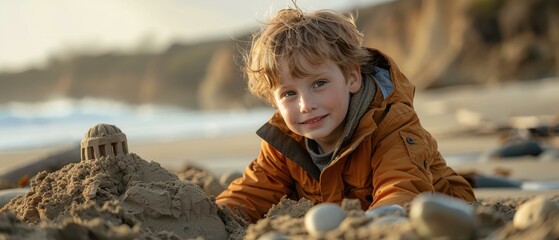 Poster - A young boy builds a sandcastle on the beach. AI.