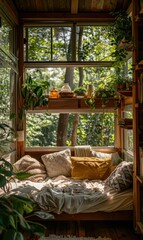 Canvas Print - Cozy window seat with pillows and blankets overlooking a lush green forest. AI.