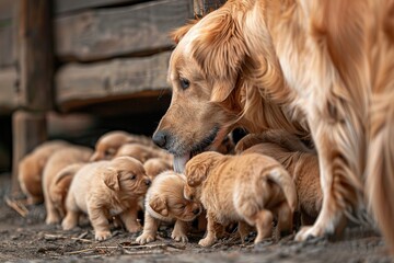 Golden retriever mother feeding her adorable puppies in cozy setting