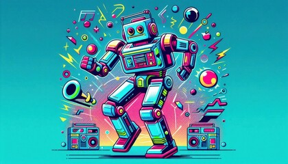 dancing robot in blue background