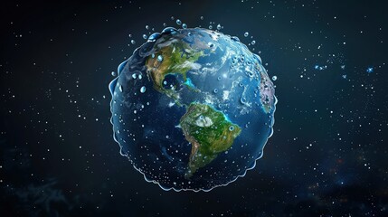 A conceptual render of Earth with water droplets forming the continents against a dark space background, highlighting the importance of water conservation for the planet.