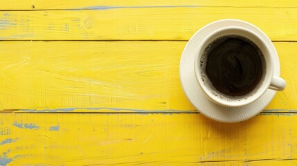 Canvas Print - Bird s eye view of coffee cup on yellow wooden surface with space for text