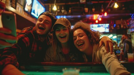 Poster - A group of friends taking a selfie at a pool table