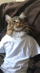 Poster - A cat wearing a white shirt on a bed