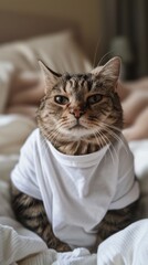 Sticker - A cat wearing a white shirt on a bed