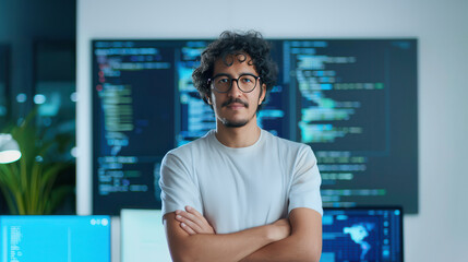 Confident software developer standing with crossed arms in front of computer screens displaying code in a modern office environment.