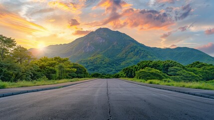 Sticker - Asphalt road square and green mountain with sky clouds natural landscape at sunrise