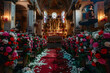© john - A coffin decorated with many flowers and candles in a beautiful church, ceremony