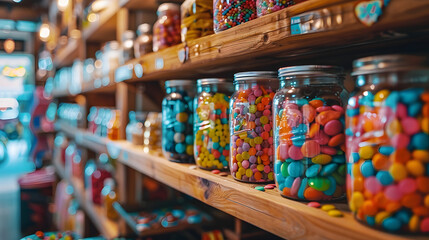 Sticker - Colorful candy jars on a wooden shelf in a cozy vintage candy shop with blurred background of shelves filled with various sweets and treats