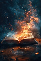 Poster - An open book with flames engulfing the pages, suitable for use in illustrations about knowledge, passion, or creativity