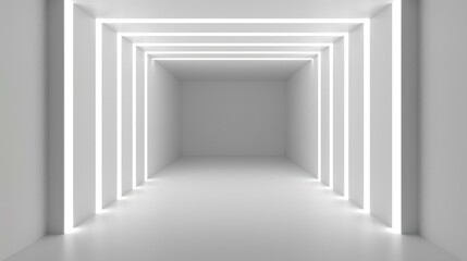 Sticker - Futuristic 3D neon corridor with abstract white silver technology floor and stage background.