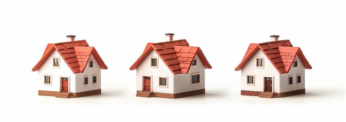 Wall Mural - 3D icon of three houses with red roofs, white background, simple shapes