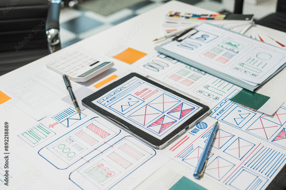 On a desk with paper, a tablet, and a laptop, a digital designer works ...