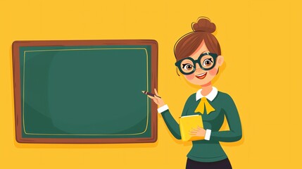 Poster - A cartoon illustration of a female teacher standing in front of a chalkboard.