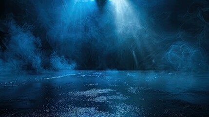 Dark street, wet asphalt, reflections of rays in the water. Abstract dark blue background, smoke, smog. Empty dark scene, neon light, spotlights