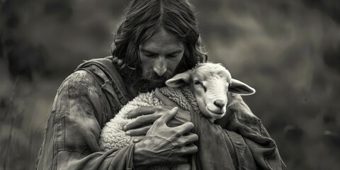 Poster - A man holding a sheep in a black and white photograph