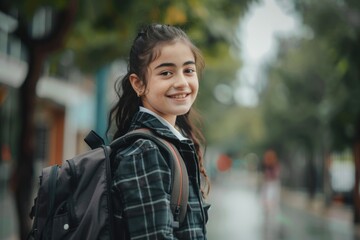 A happy young girl with a backpack smiling at the camera, possibly on a hike or adventure