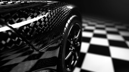 Canvas Print - A close-up view of a car on a checkered floor, ideal for use in automotive or racing themed designs