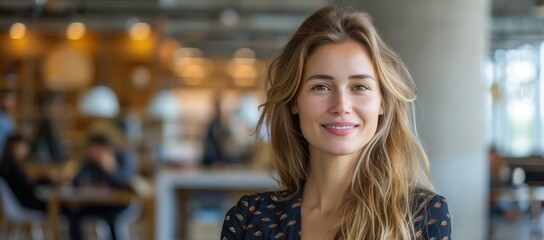 Wall Mural - Editorial eye-level waist-up shot of an attractive woman with blurred background