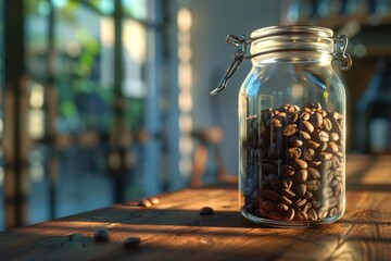 Poster - A jar filled with coffee beans sits on a wooden table, perfect for a cozy home or office decor