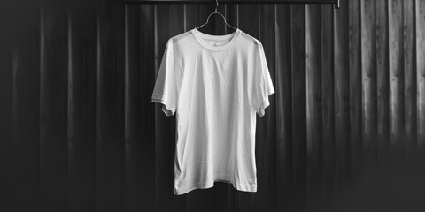 Wall Mural - A white t-shirt hanging on a metal hanger, ideal for use in fashion or clothing contexts