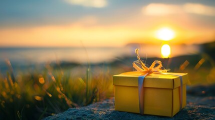 Sticker - gift box on yellow background. Daylight saving time end, real estate concept and blurred landscape of river beach Blue sky with sunset 