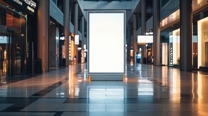 Poster - A person standing alone next to an empty billboard in a busy mall, with shoppers and pedestrians passing by