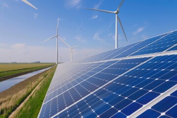 Solar and Wind Energy, Solar panels and wind turbines under blue sky, Renewable Resources