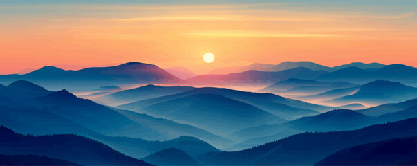 Sticker - A radiant sunrise over a misty valley with silhouetted mountains in the distance. Vector flat minimalistic isolated