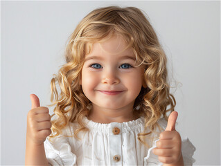 blond curly hair girl showing thumbs up sign