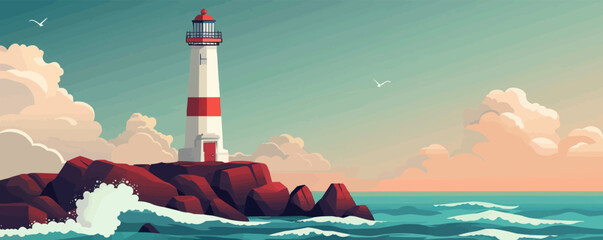 Sticker - Abandoned lighthouse standing tall against crashing waves. Vector flat minimalistic isolated illustration.