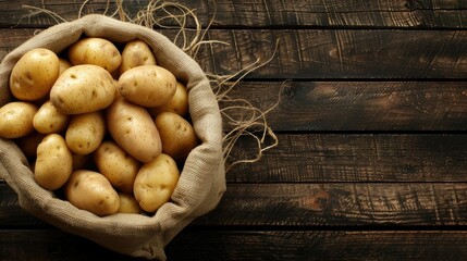 Sack of fresh raw potatoes on wooden background  top view