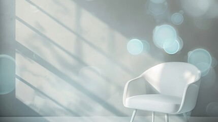 Wall Mural - a modern white chair set against a pale grey wall, with soft blue circles projected onto the surface