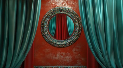 Wall Mural - A Moroccan-themed makeup room with a round mosaic mirror framed by teal and red satin curtains against a saffron red wall, infusing exotic cultural elements.