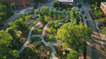 Canvas Print - Aerial view showing green infrastructure project with rain gardens and permeable pavement to manage stormwater in urban area 