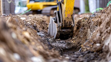 Poster - Close-up of a digger bucket digging a trench at a construction site..