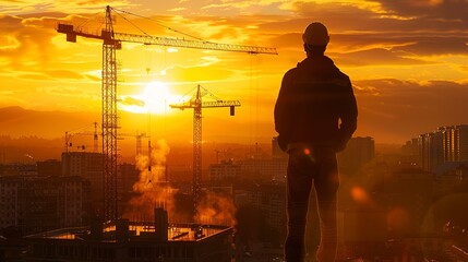 Poster - Construction worker silhouetted against a golden sunset, overlooking an urban build site with cranes and rising structures, reflecting his dedication and vision..