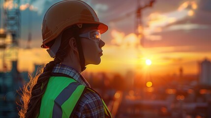 Canvas Print - Female construction worker in a helmet and vest stands against a stunning sunset backdrop in an urban build site, symbolizing hard work and inspiration.