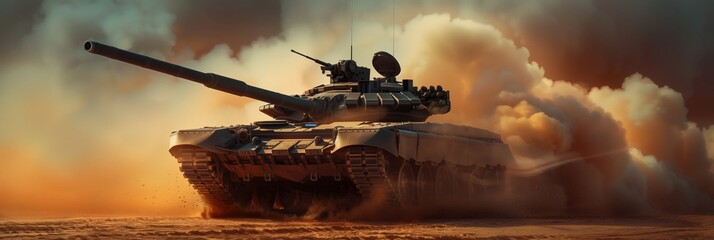 Wall Mural - tank in the desert, smoke and fire from the barrel of the gun, background with dark clouds