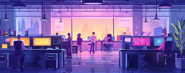 A bustling tech startup office with developers coding and designers creating digital assets. Vector flat minimalistic isolated illustration.