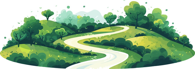 Wall Mural - A winding river meandering through a lush green forest on a white background. Vector flat minimalistic isolated