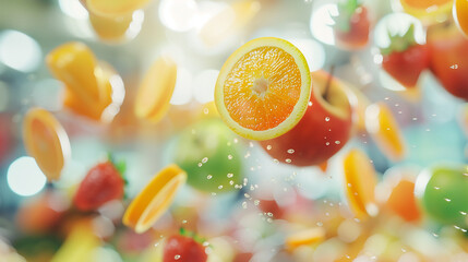 Wall Mural - Floating fruit slices with a blurred market background: Various fruit slices, including apples, oranges, and strawberries