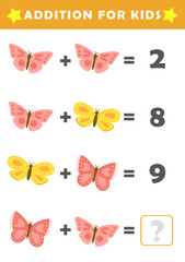 Wall Mural - Fun Math Logic Puzzles for Kids. Math Game with Cute Butterfly Pictures. Math Activities for Children. Addition for Kids.