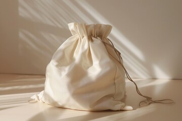 Wall Mural - A white drawstring bag sits on the floor, ready for use