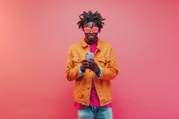 Poster - A young man with dreadlocks holding a cell phone, possibly in a urban or street setting