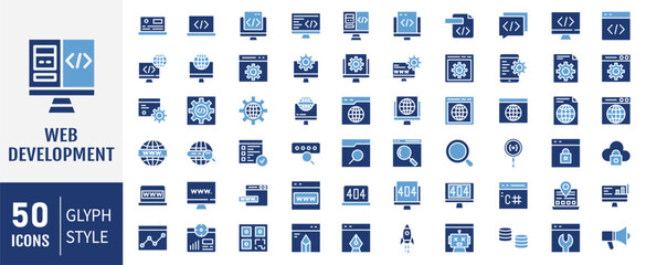 Set of 50 glyph web development icons. Simple glyph style icons pack. Vector illustration