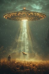 a man and a cow are standing in a field with a large, glowing