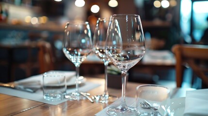 Wall Mural - Three empty wine glasses placed on a wooden table