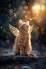 Wall Mural - A cat with a fairy wings is sitting on a rock